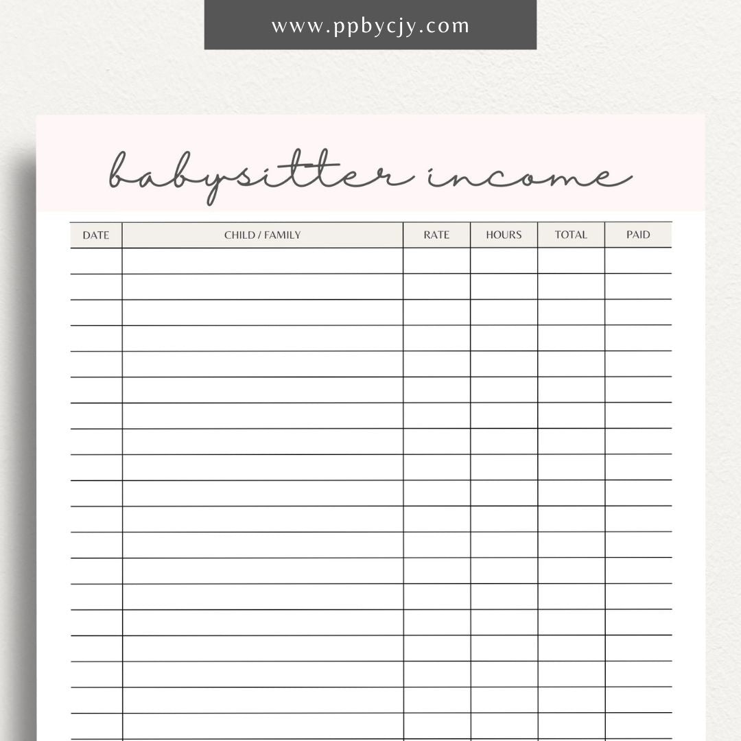 Babysitter Income Tracker Printable Template – Digital Download for Recording and Managing Babysitting Earnings