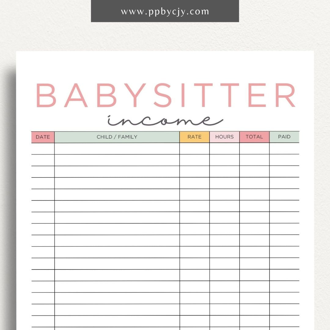 Babysitter Income Tracker Printable Template – Digital Download for Recording and Managing Babysitting Earnings