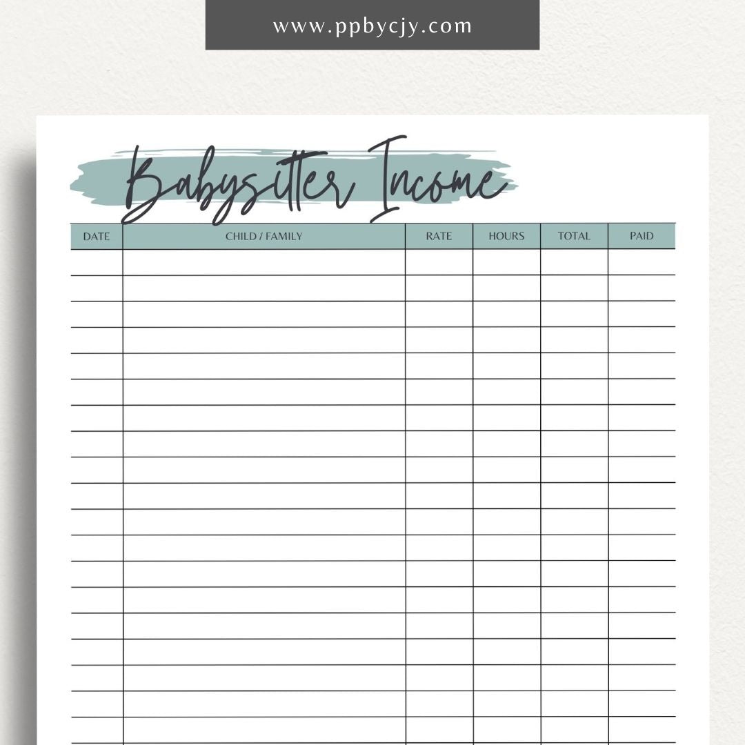 Babysitter Income Tracker Printable Template – Digital Download for Recording and Managing Babysitting Earnings