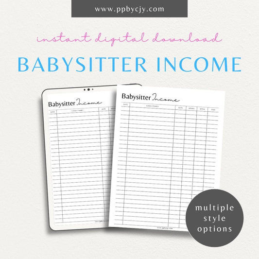 Babysitter Income Tracker Printable Template – Digital Download for Recording and Managing Babysitting Earnings