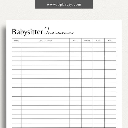 Babysitter Income Tracker Printable Template – Digital Download for Recording and Managing Babysitting Earnings