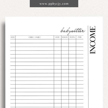 Babysitter Income Tracker Printable Template – Digital Download for Recording and Managing Babysitting Earnings