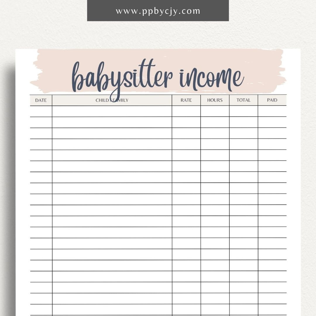 Babysitter Income Tracker Printable Template – Digital Download for Recording and Managing Babysitting Earnings