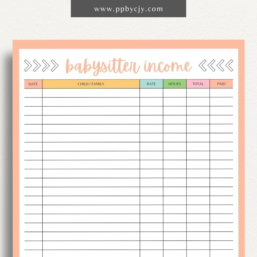 Babysitter Income Tracker Printable Template – Digital Download for Recording and Managing Babysitting Earnings