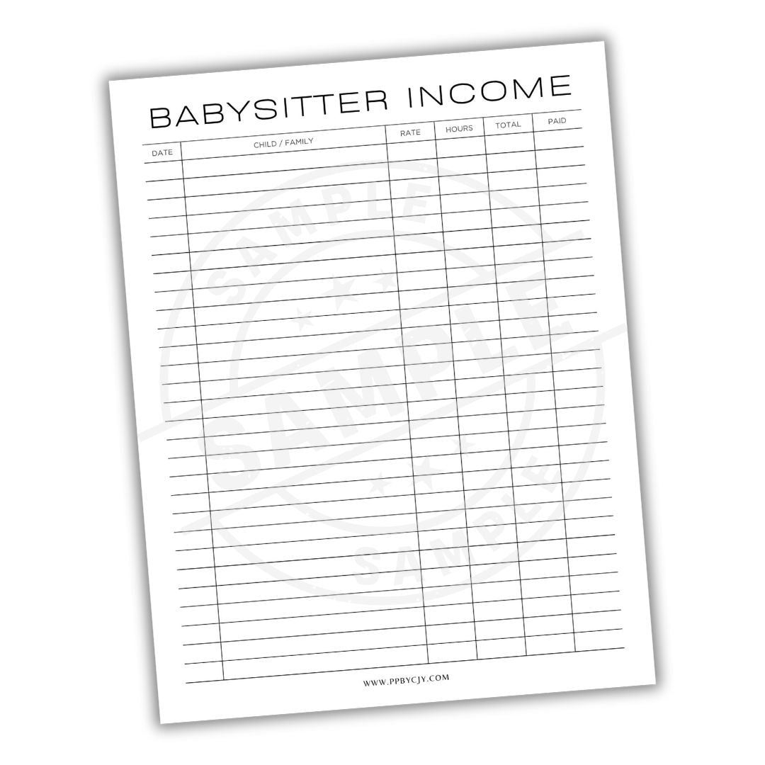 Babysitter income sheet with columns for date, child/family, date, hours, rate, and total on a white background.