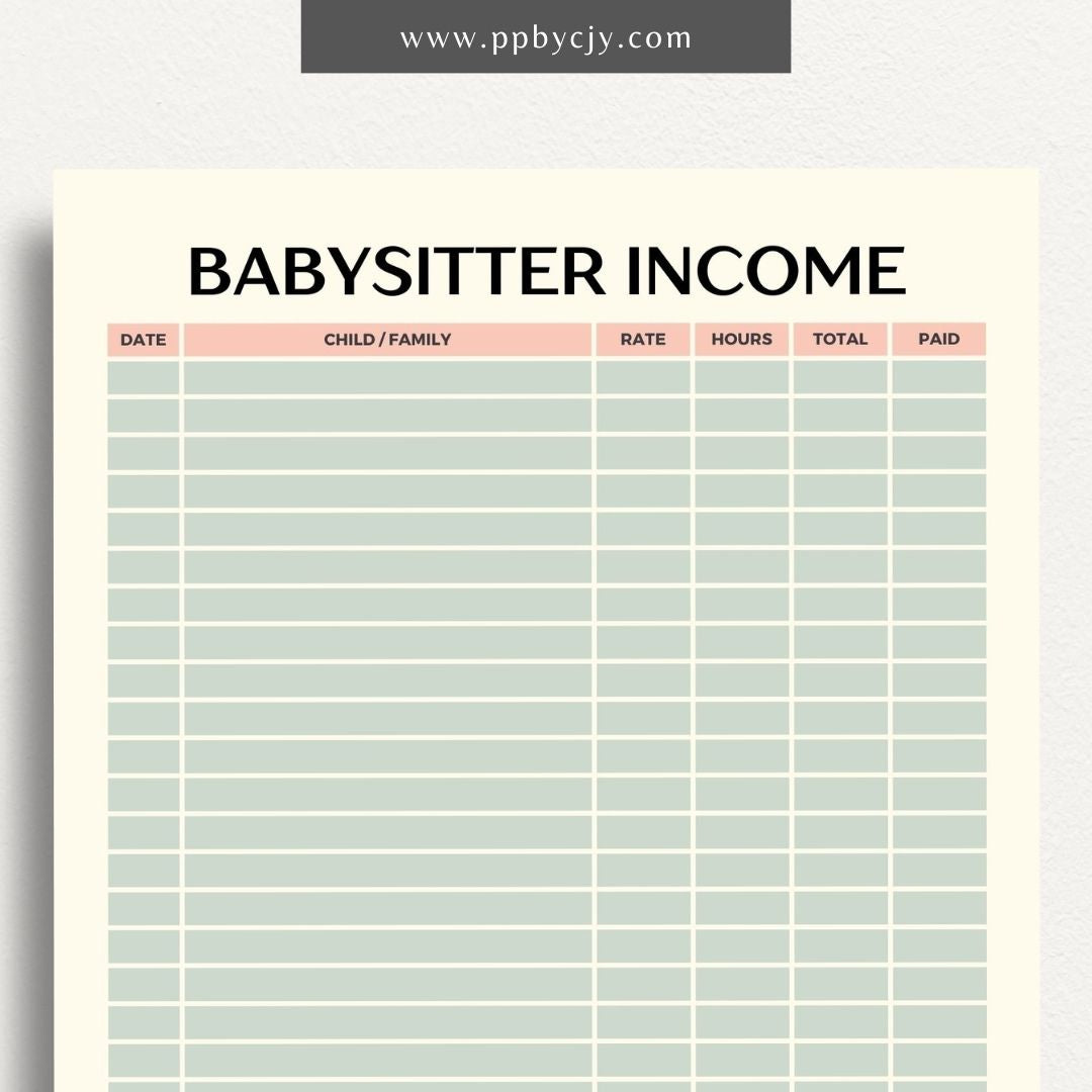 Babysitter Income Tracker Printable Template – Digital Download for Recording and Managing Babysitting Earnings