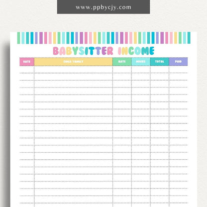 Babysitter Income Tracker Printable Template – Digital Download for Recording and Managing Babysitting Earnings