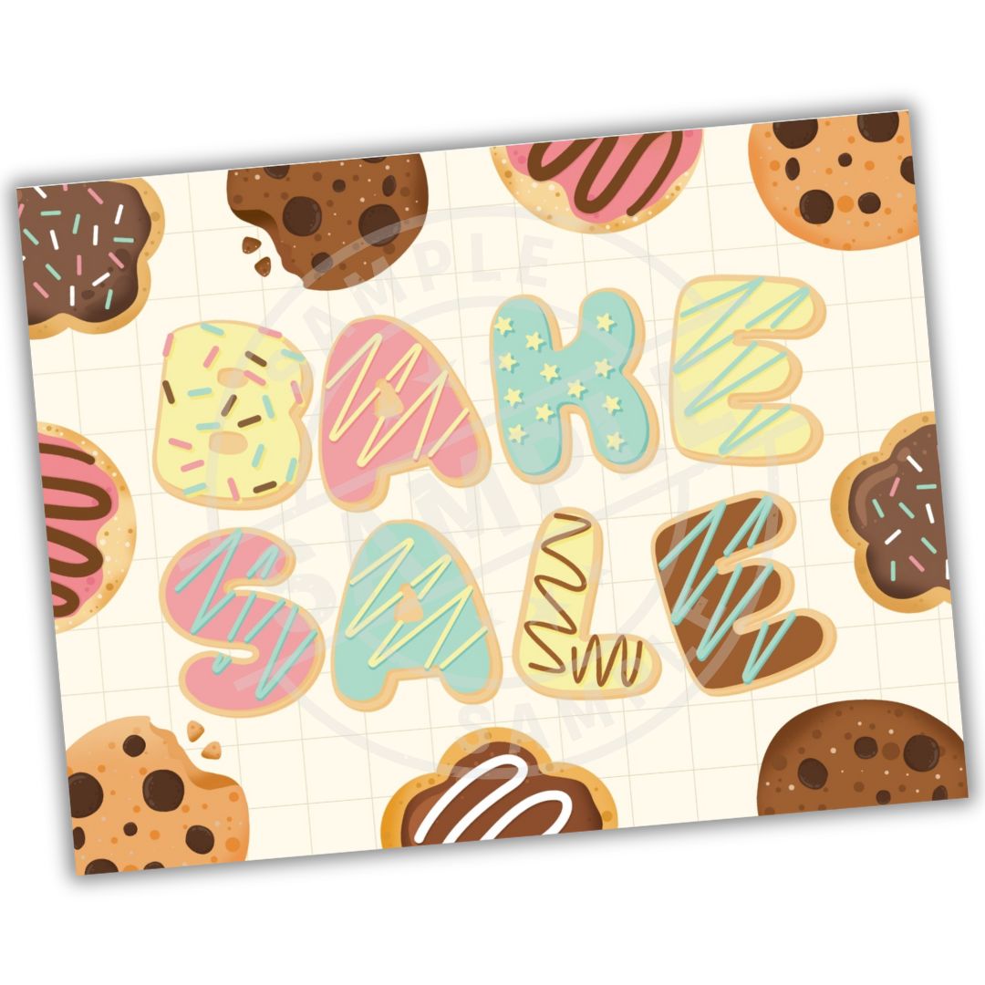 Patterned paper with 'BAKE SALE' text and cookie illustrations on a white background