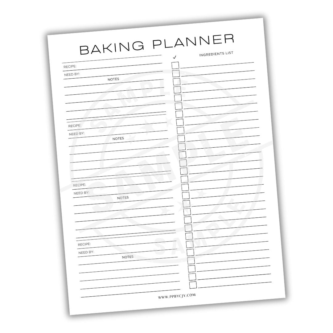 Baking planner sheet with recipe and ingredients list sections on a white background