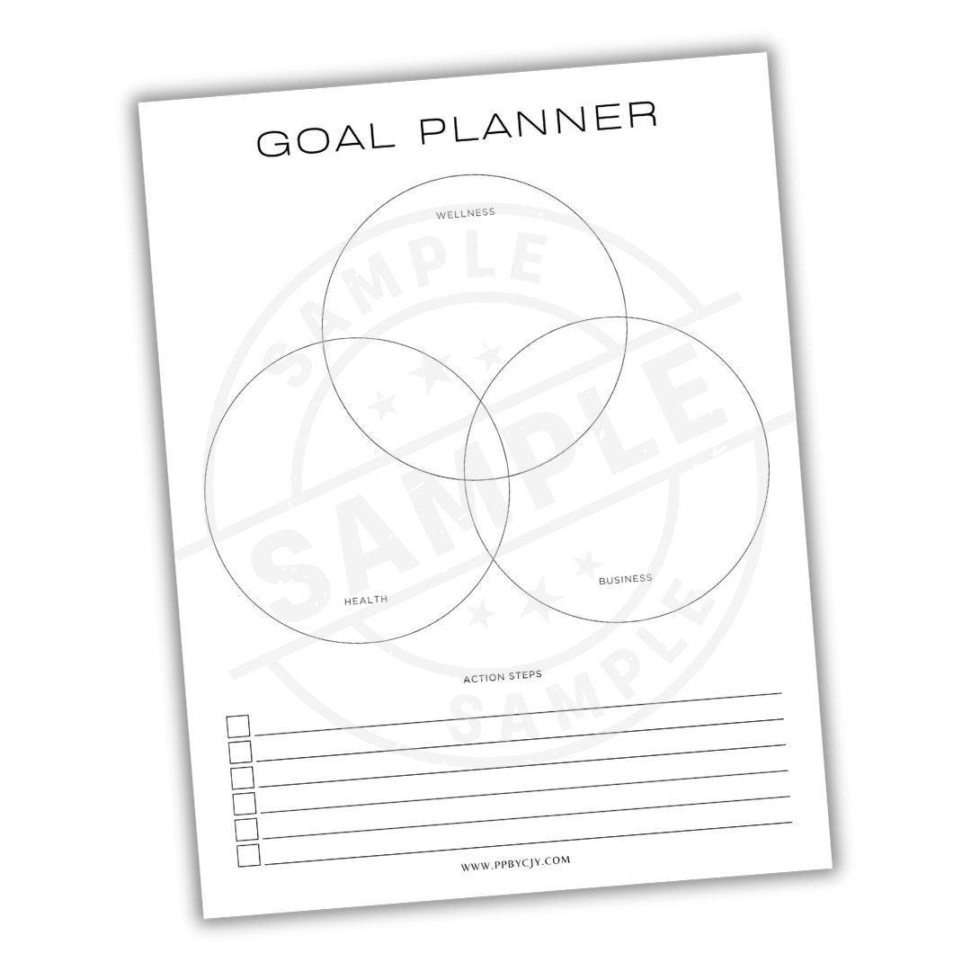 Goal planner sheet with three intersecting circles labeled 'Wellness', 'Health', and 'Business' on a white background.
