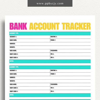 printable template page with columns and rows related to bank account balances