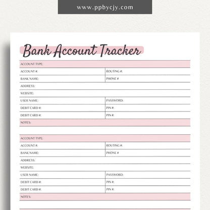 Bank Account List Printable PDF Template