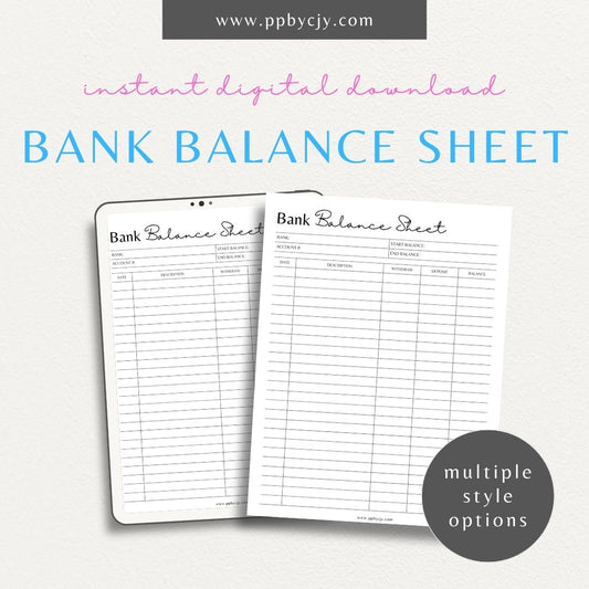 Bank Account Balance Sheet Printable Template – Digital Download for Tracking and Managing Account Balances