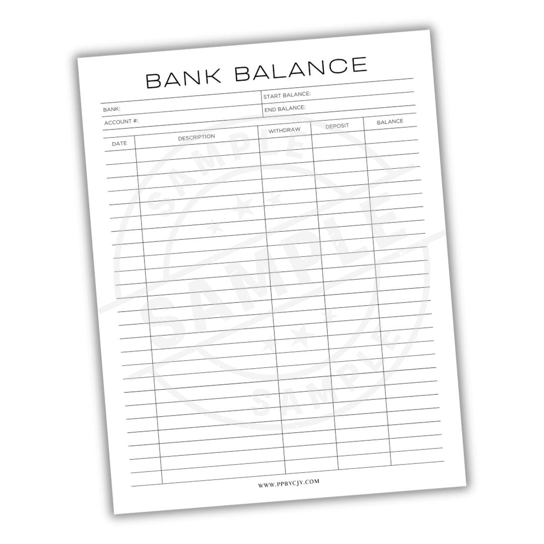 Bank balance tracking sheet with columns for account, date, description, withdrawal, deposit, and balance.
