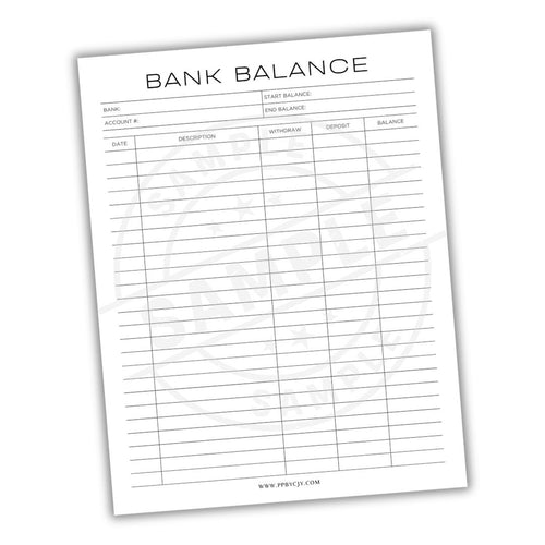 Bank balance tracking sheet with columns for account, date, description, withdrawal, deposit, and balance.