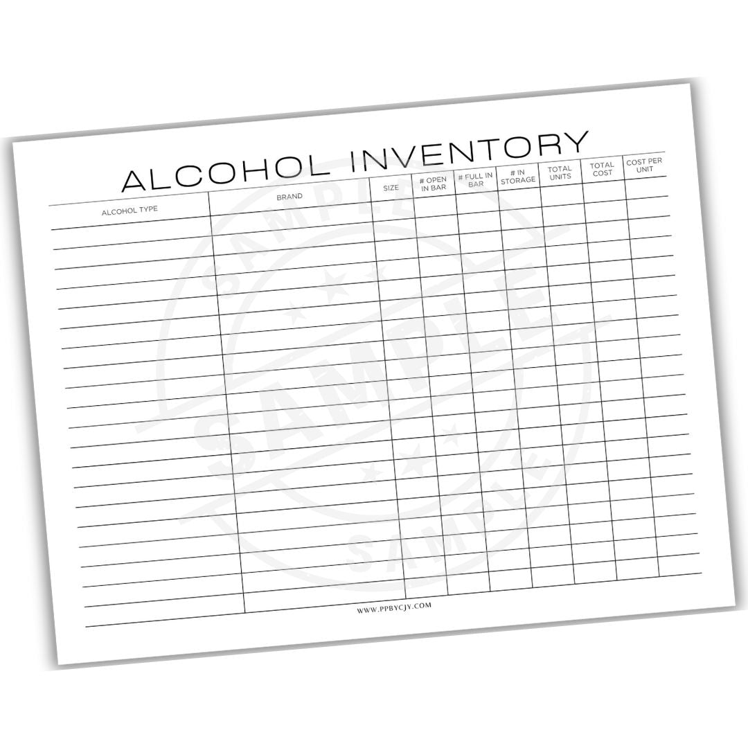 Alcohol inventory sheet with columns for brand, size, type, etc.