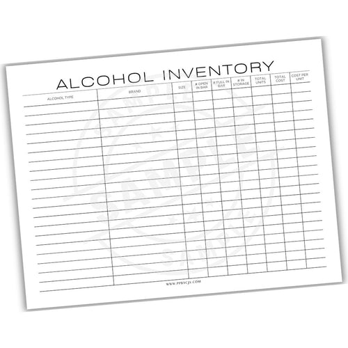 Alcohol inventory sheet with columns for brand, size, type, etc.