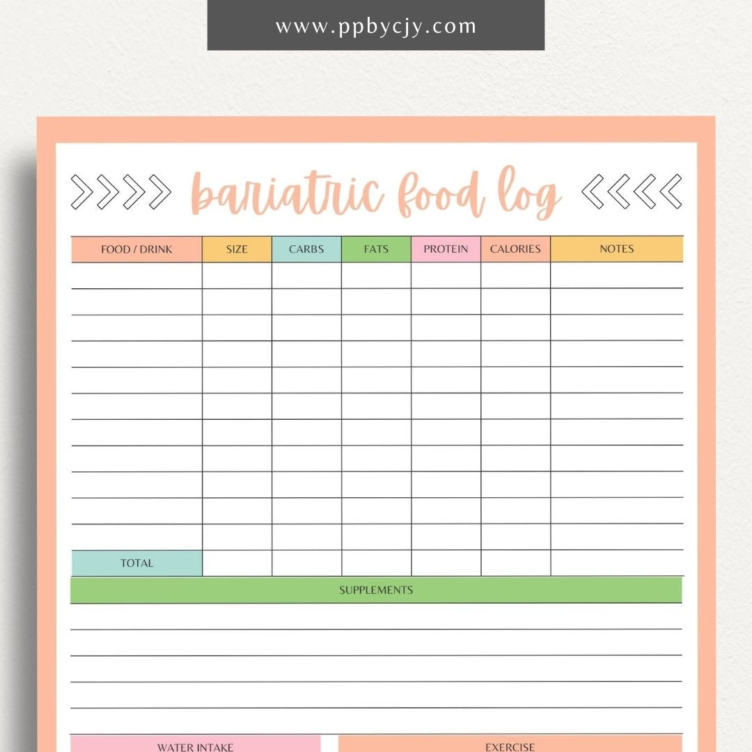 printable template page with columns and rows related to bariatric food logging