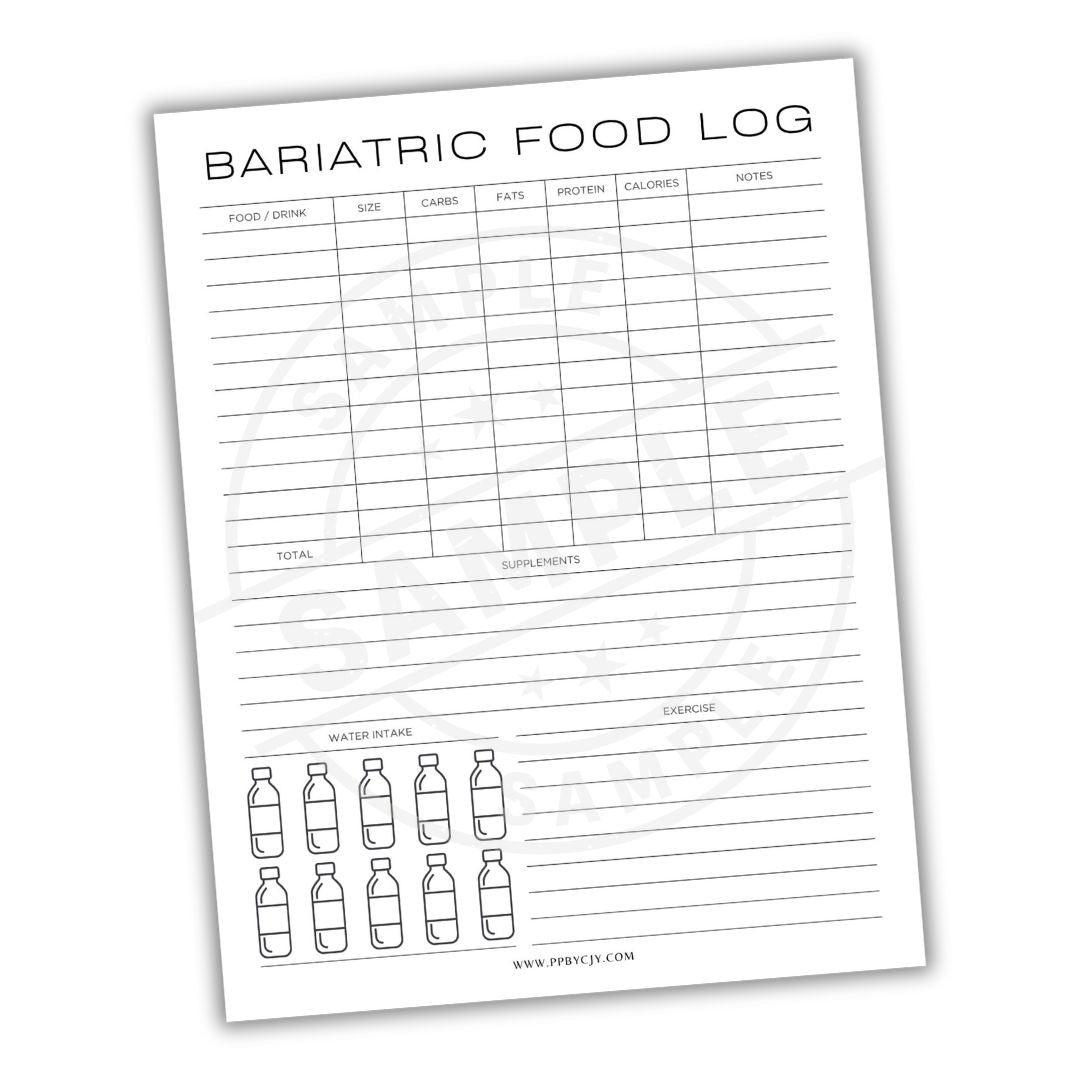 Bariatric food log sheet with columns for food/drinks, size, carbs, fats, proteins, calories, and notes.