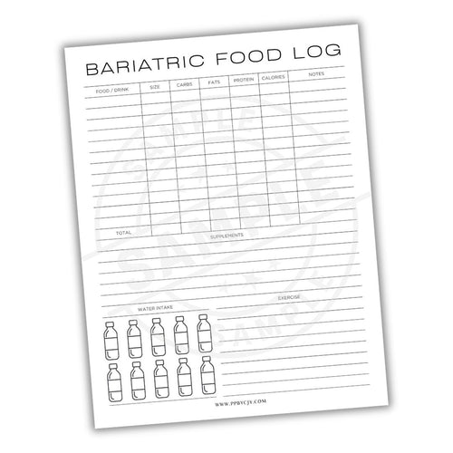 Bariatric food log sheet with columns for food/drinks, size, carbs, fats, proteins, calories, and notes.