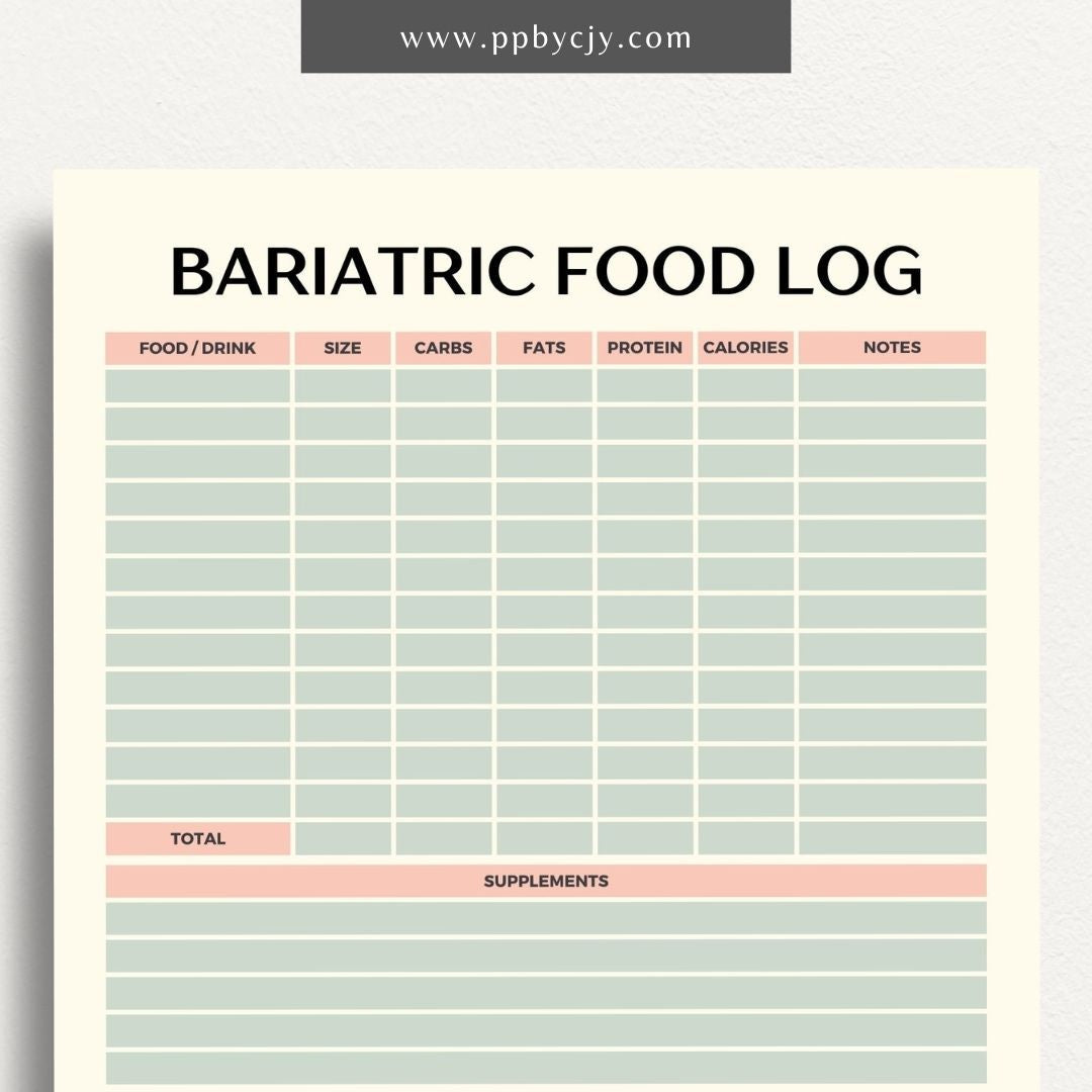 printable template page with columns and rows related to bariatric food logging