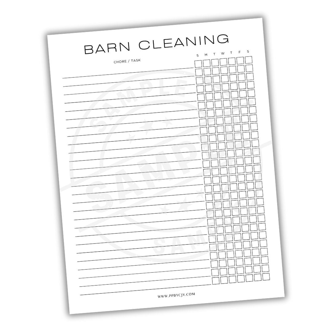 Barn cleaning chore list with checkboxes on a white background