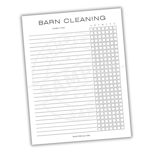 Barn cleaning chore list with checkboxes on a white background