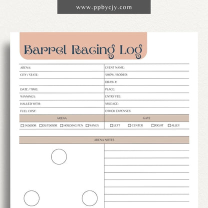 Equestrian Barrel Racing Printable Template – Digital Download for Tracking Barrel Racing Performance with sections for race dates, times, scores, and notes on training and results.