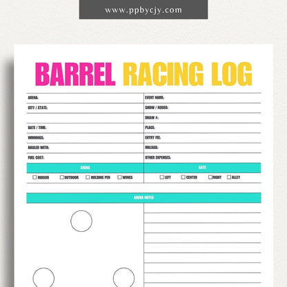 Equestrian Barrel Racing Printable Template – Digital Download for Tracking Barrel Racing Performance with sections for race dates, times, scores, and notes on training and results.