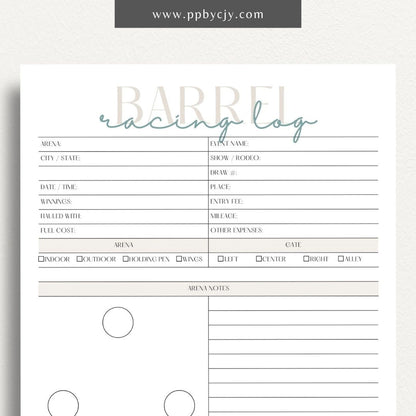 Equestrian Barrel Racing Printable Template – Digital Download for Tracking Barrel Racing Performance with sections for race dates, times, scores, and notes on training and results.