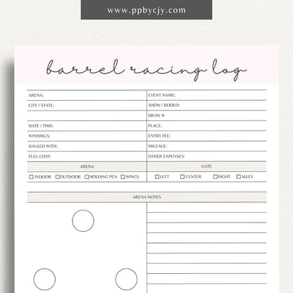 Equestrian Barrel Racing Printable Template – Digital Download for Tracking Barrel Racing Performance with sections for race dates, times, scores, and notes on training and results.