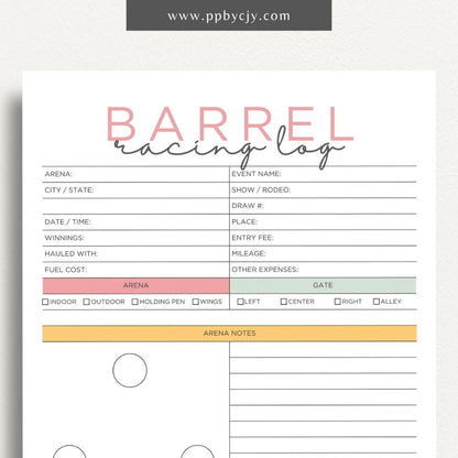 Equestrian Barrel Racing Printable Template – Digital Download for Tracking Barrel Racing Performance with sections for race dates, times, scores, and notes on training and results.