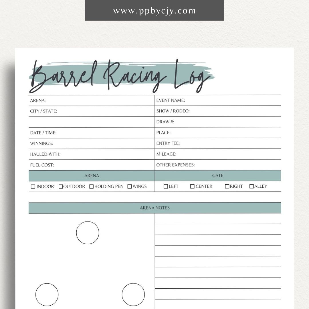 Equestrian Barrel Racing Printable Template – Digital Download for Tracking Barrel Racing Performance with sections for race dates, times, scores, and notes on training and results.