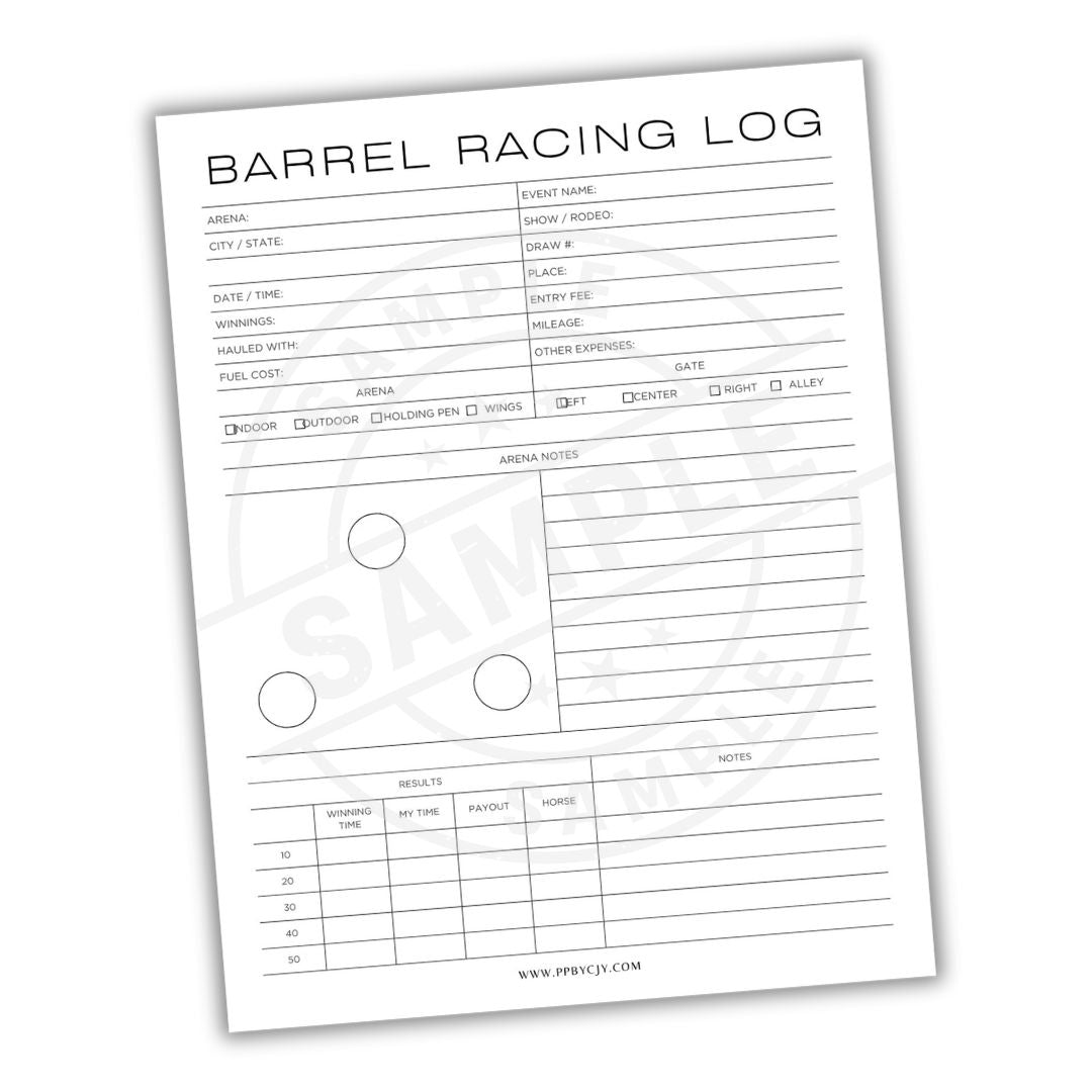 Barrel racing log sheet with form fields on a white background
