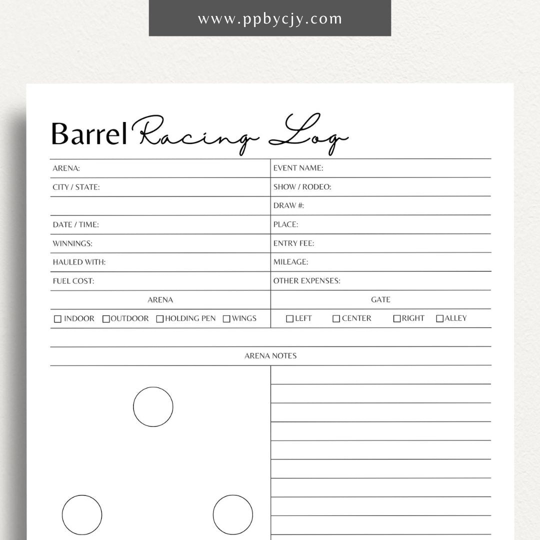 Equestrian Barrel Racing Printable Template – Digital Download for Tracking Barrel Racing Performance with sections for race dates, times, scores, and notes on training and results.