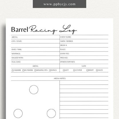 Equestrian Barrel Racing Printable Template – Digital Download for Tracking Barrel Racing Performance with sections for race dates, times, scores, and notes on training and results.