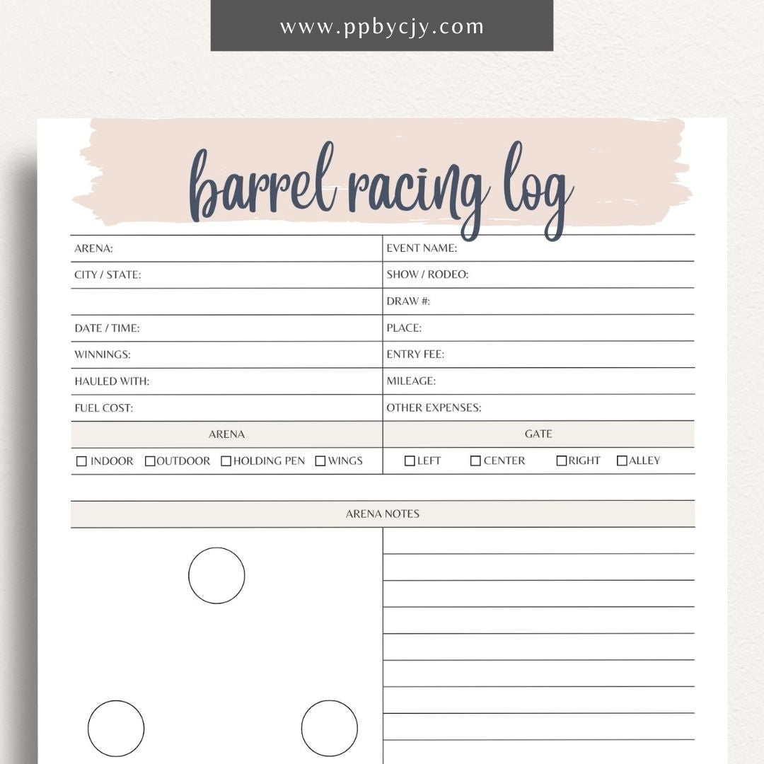 Equestrian Barrel Racing Printable Template – Digital Download for Tracking Barrel Racing Performance with sections for race dates, times, scores, and notes on training and results.