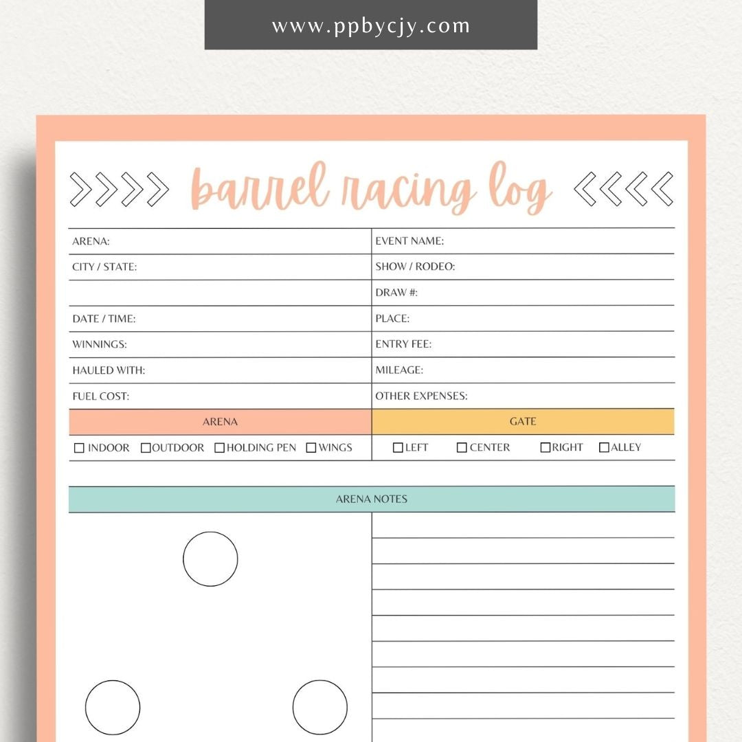 Equestrian Barrel Racing Printable Template – Digital Download for Tracking Barrel Racing Performance with sections for race dates, times, scores, and notes on training and results.