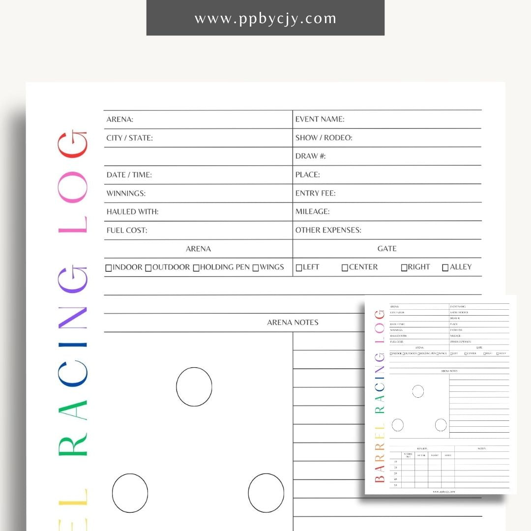 Equestrian Barrel Racing Printable Template – Digital Download for Tracking Barrel Racing Performance with sections for race dates, times, scores, and notes on training and results.