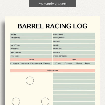 Equestrian Barrel Racing Printable Template – Digital Download for Tracking Barrel Racing Performance with sections for race dates, times, scores, and notes on training and results.