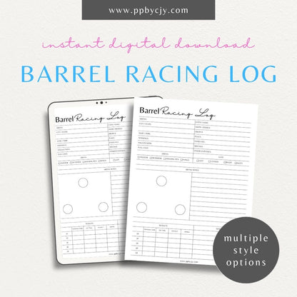 Equestrian Barrel Racing Printable Template – Digital Download for Tracking Barrel Racing Performance with sections for race dates, times, scores, and notes on training and results.