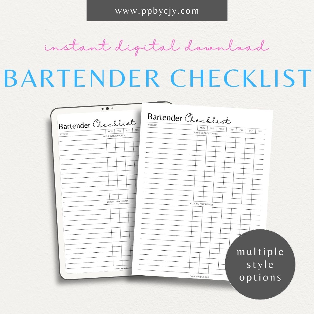 printable template page with columns and rows of squares related to bartending opening and closing