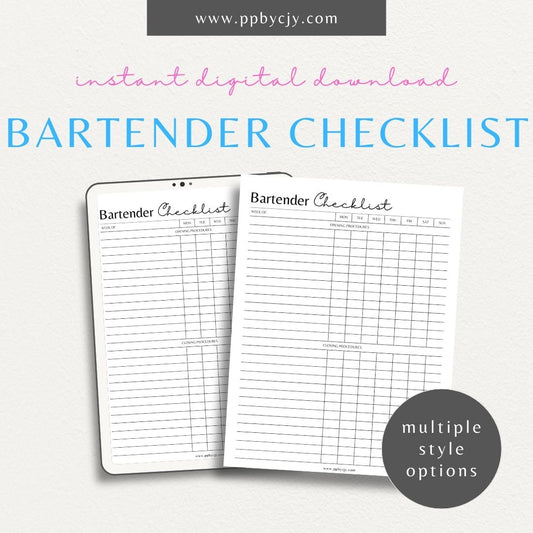 Bartender Checklist Printable Template – Digital Download for Organizing and Managing Bartending Tasks