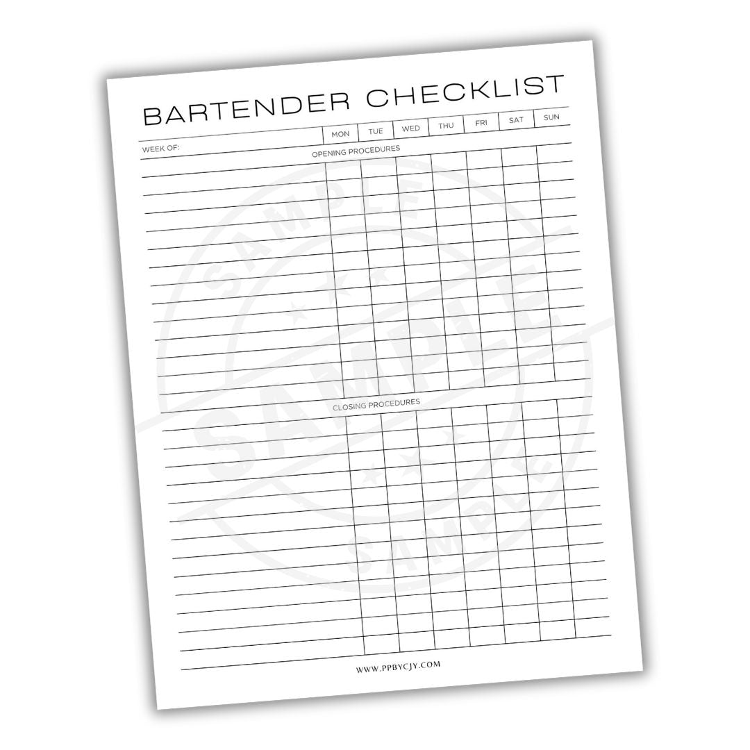 Bartender checklist with a grid layout on a white background
