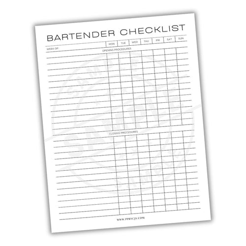 Bartender checklist with a grid layout on a white background