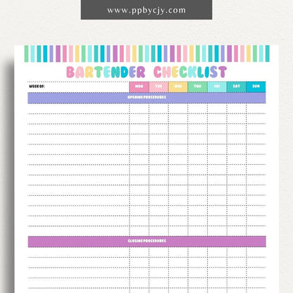 printable template page with columns and rows of squares related to bartending opening and closing