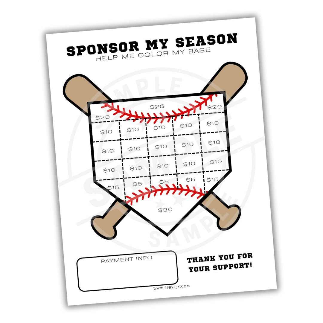 Colorable fundraising sheet with baseball design and 'Sponsor My Season' text