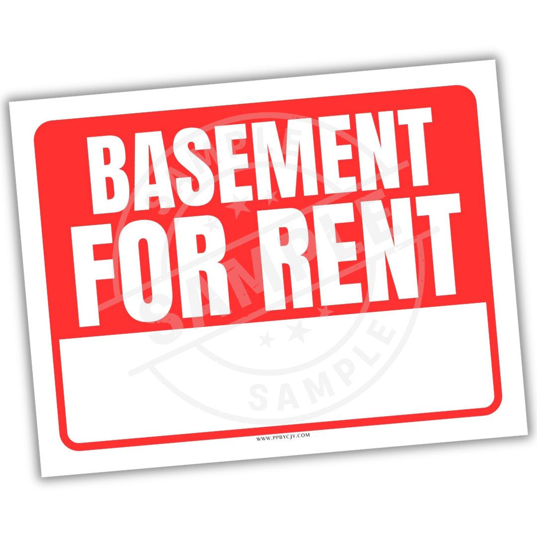 Red and white 'Basement for Rent' sign on a white background
