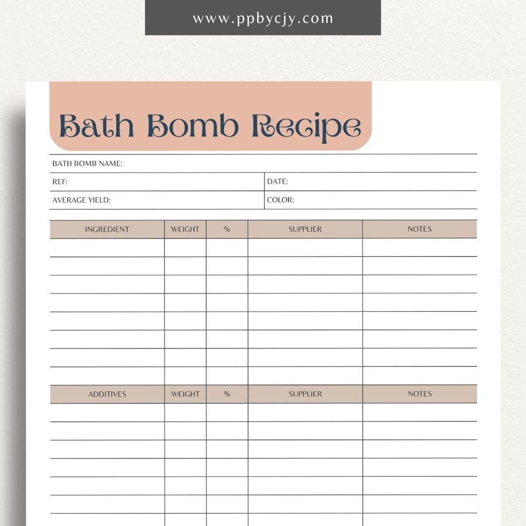 Bath Bomb Recipe Printable Template – Digital Download for Creating and Recording DIY Bath Bomb Recipes"