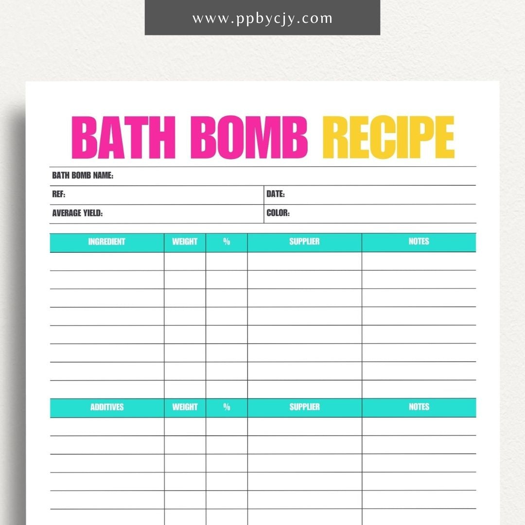 Bath Bomb Recipe Printable Template – Digital Download for Creating and Recording DIY Bath Bomb Recipes"